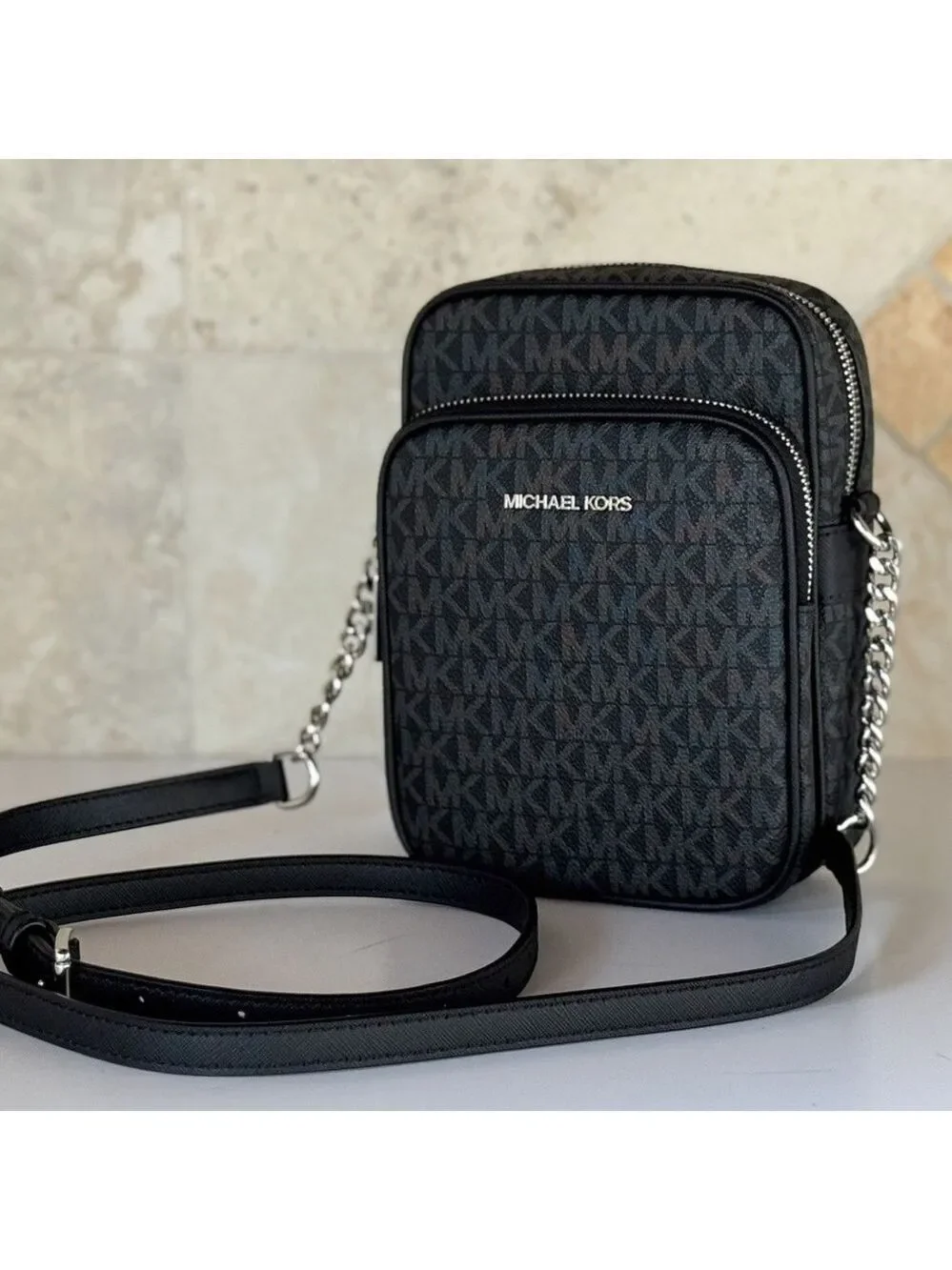 Michael Kors Black Monogram Jet Set Crossbody Bag
